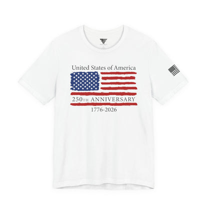 White t-shirt with American flag design and text on a white background
