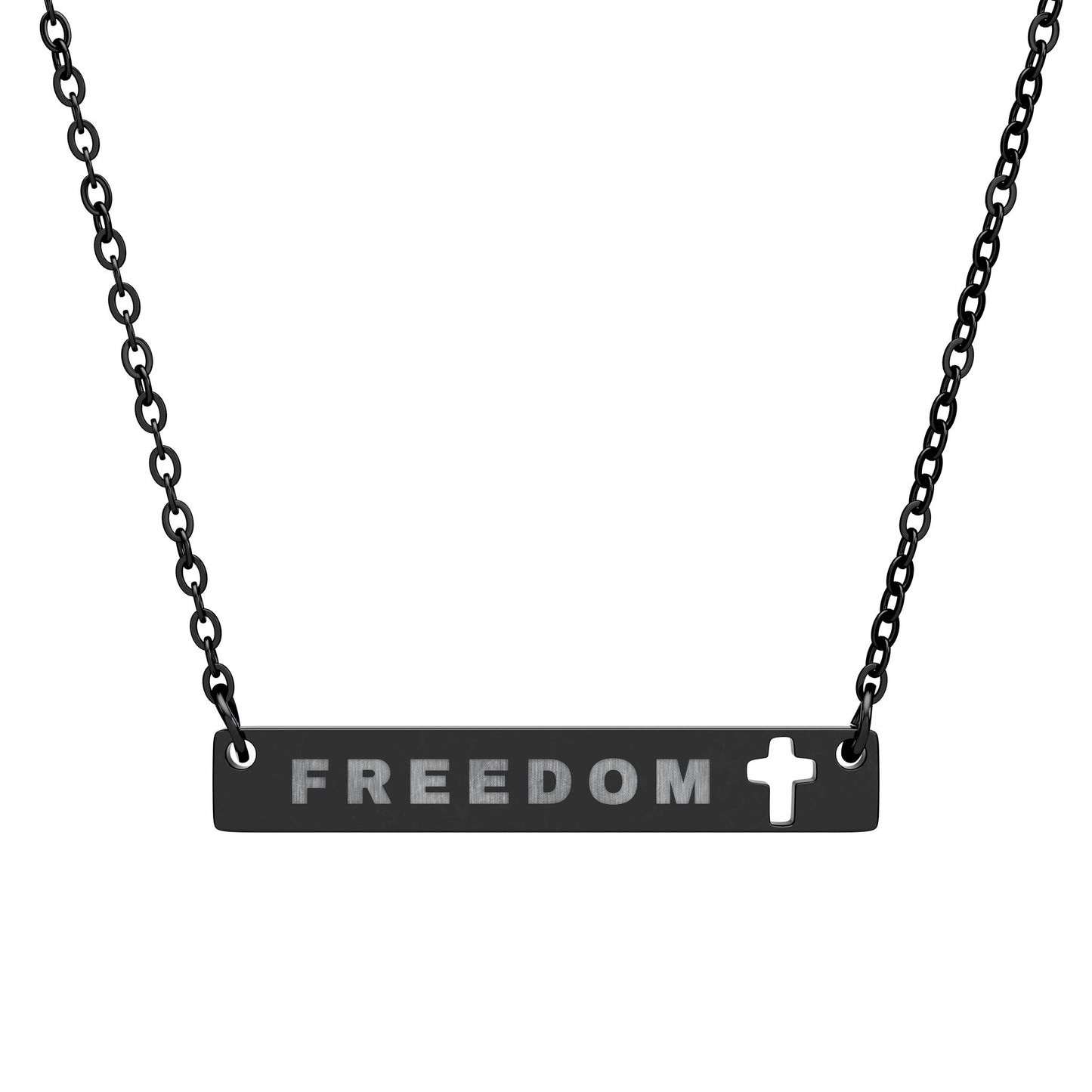 FREEDOM Bar Necklace with Cross Cutout – Minimalist Stainless Steel Christian Jewelry