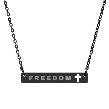 Black necklace with 'FREEDOM' and a cross pendant on a white background