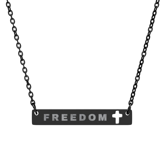 FREEDOM Bar Necklace with Cross Cutout – Minimalist Stainless Steel Christian Jewelry
