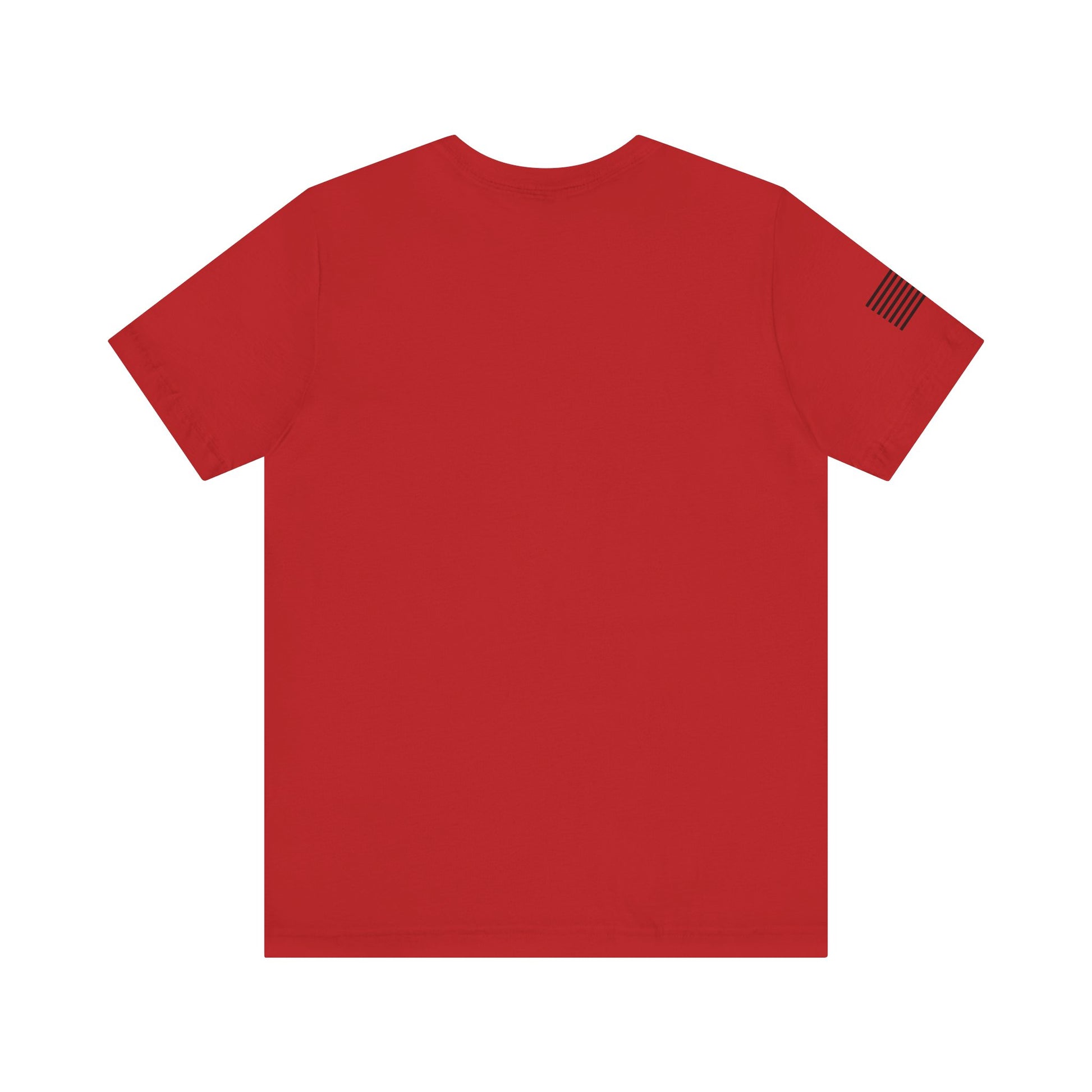 Red t-shirt with a small flag patch on the sleeve against a white background