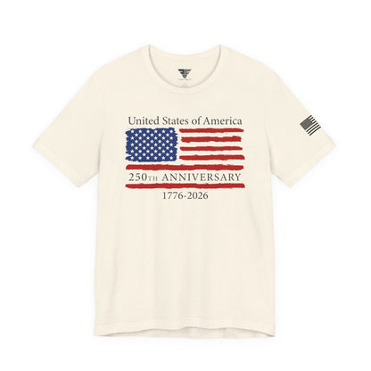 White t-shirt with American flag design and text on a white background