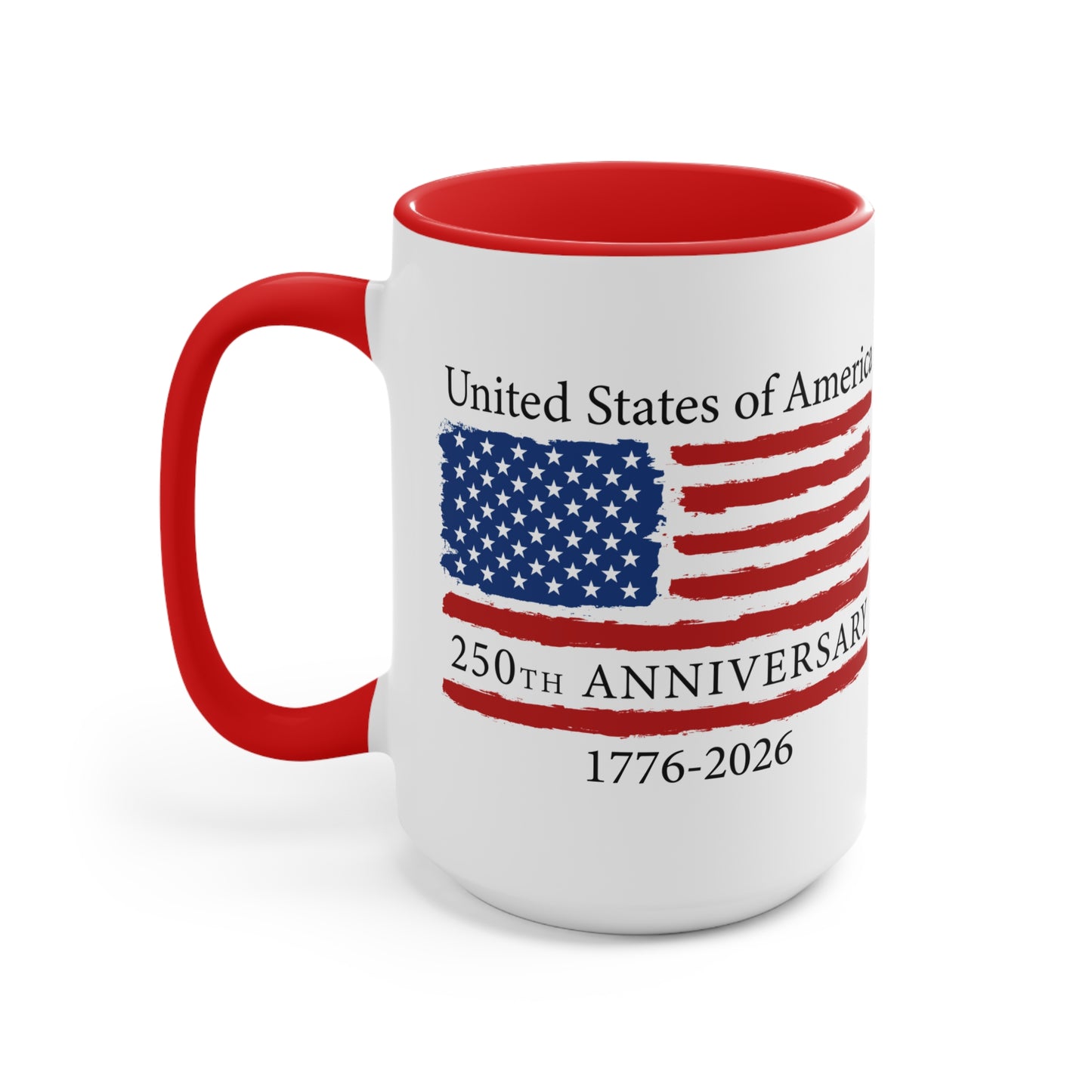Mug with American flag design and text celebrating the 250th anniversary of the United States on a white background.