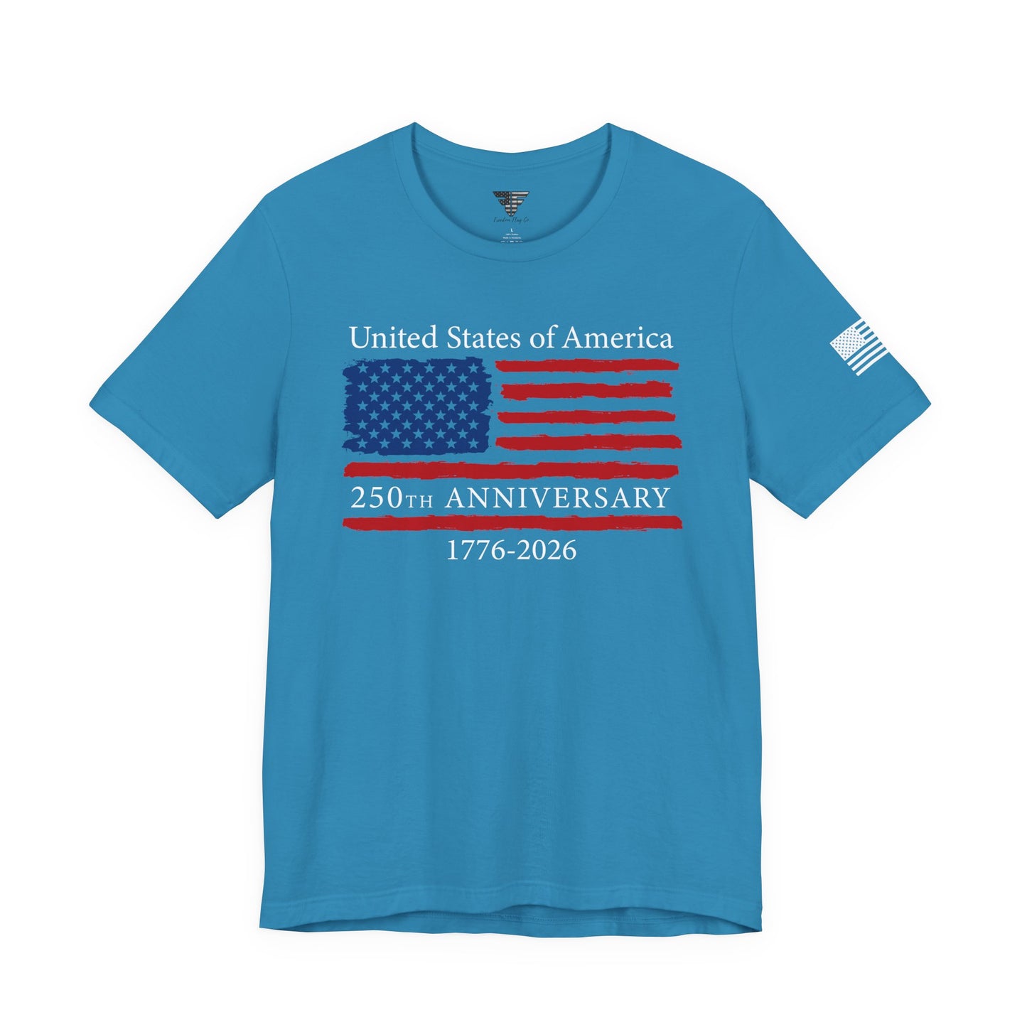 Blue t-shirt with American flag design and text on a white background