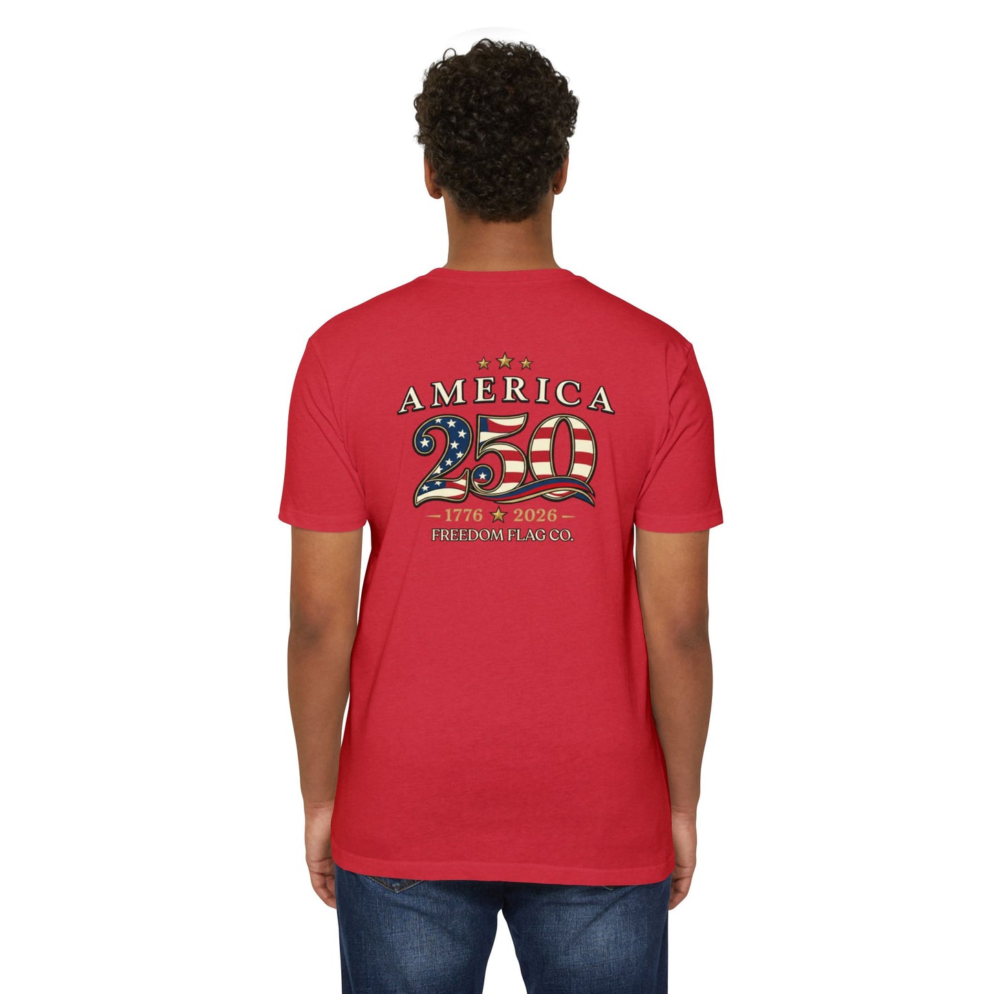 Red t-shirt with 'America 2021' design on the back, worn by a person.