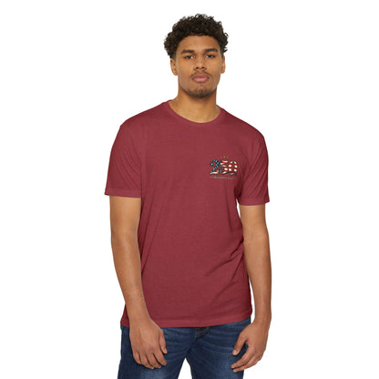 Man wearing a maroon t-shirt with a small logo on a white background