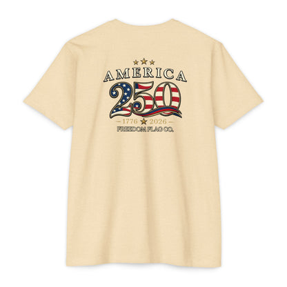 Beige t-shirt with 'America 250' design on a white background