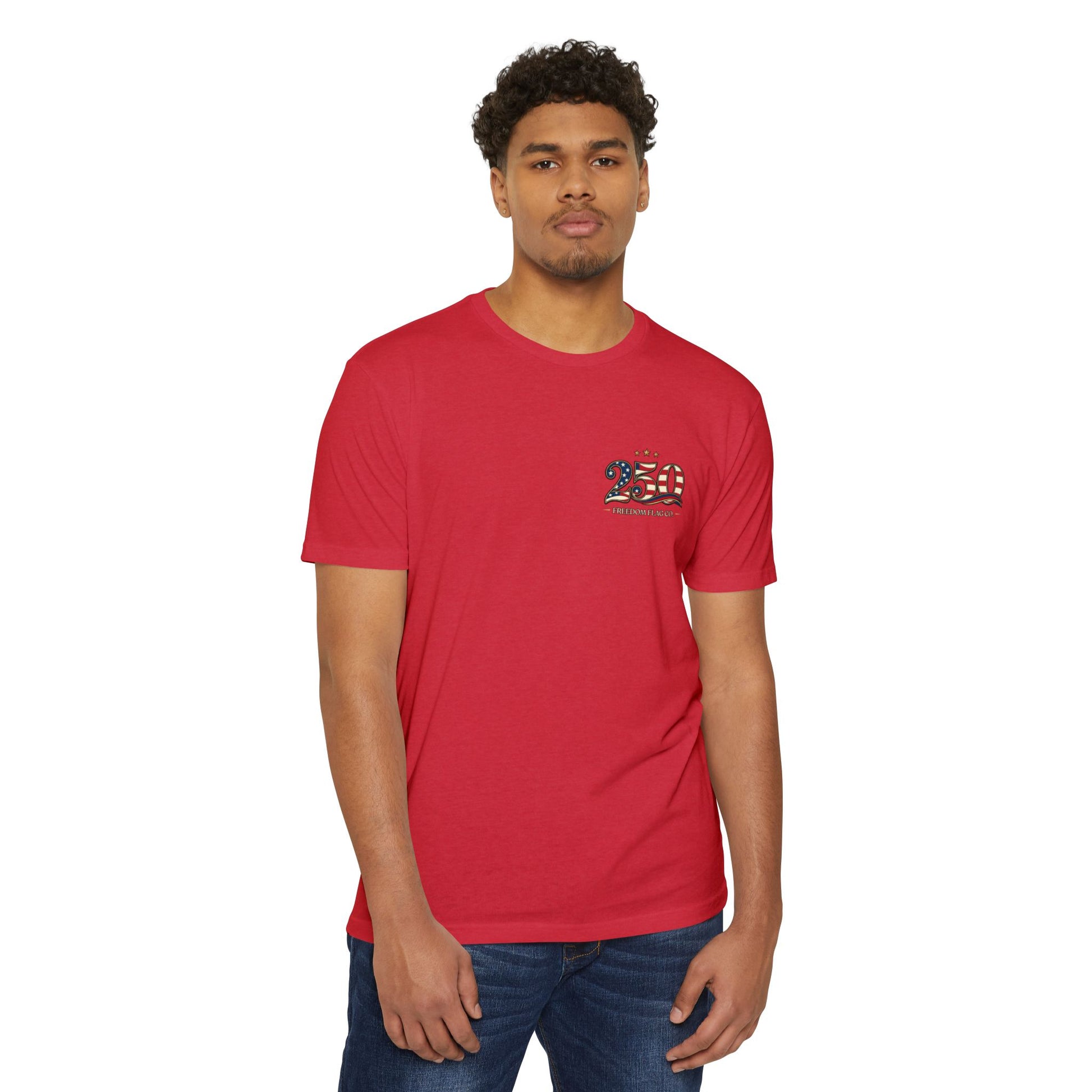 Man wearing a red t-shirt with a logo on a white background