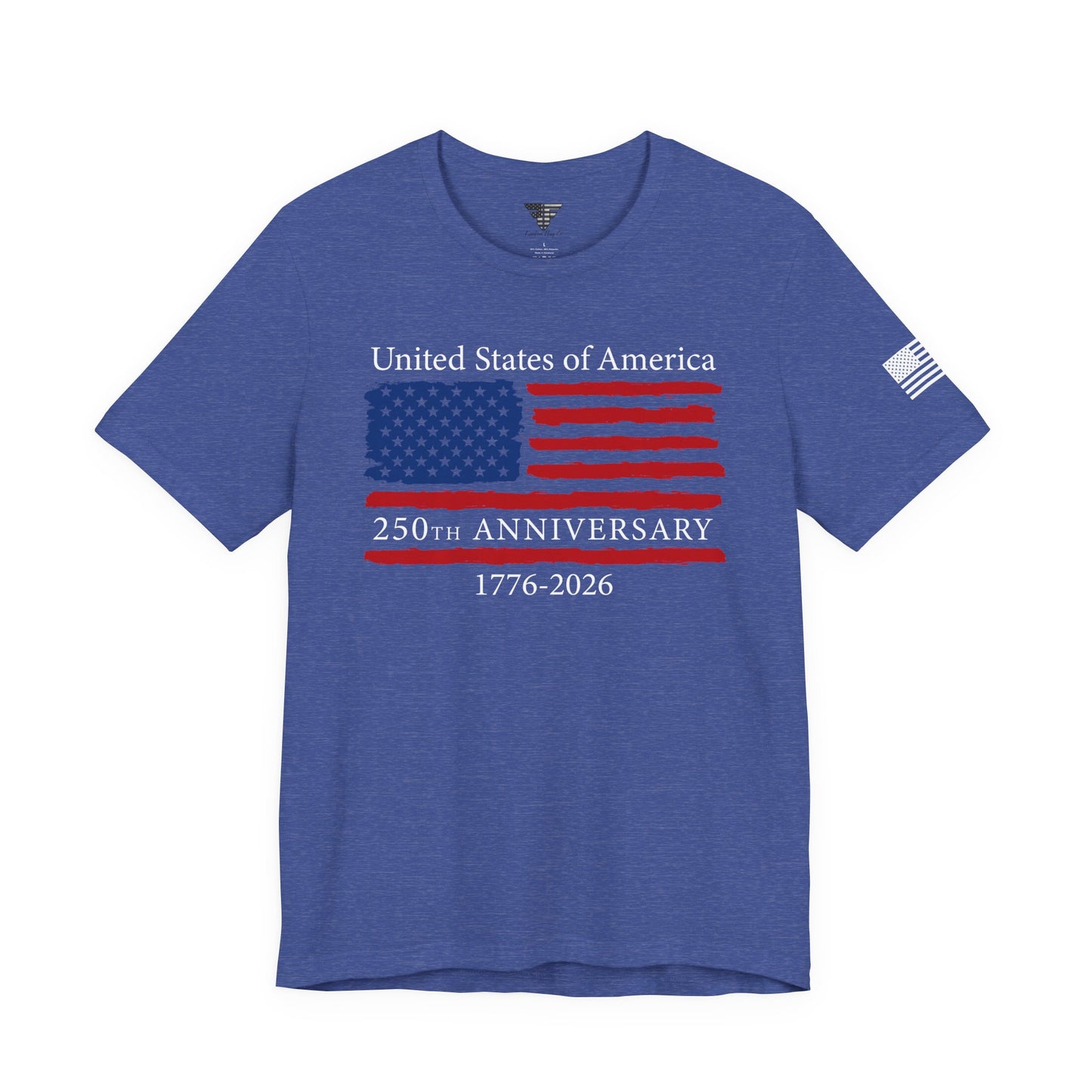 Blue t-shirt with American flag design and text on a white background