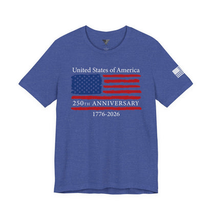 Blue t-shirt with American flag design and text on a white background