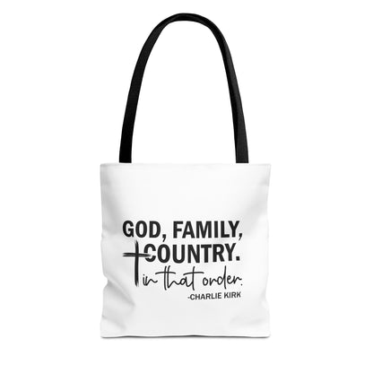 Charlie Kirk "God, Family, Country" Tote Bag – Patriotic Memorial Canvas Bag