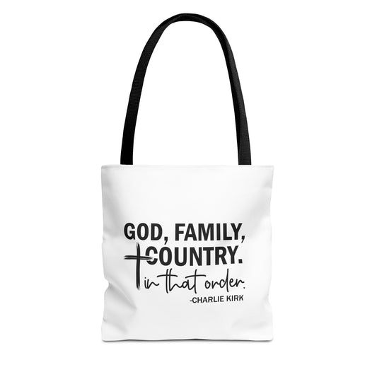 Charlie Kirk "God, Family, Country" Tote Bag – Patriotic Memorial Canvas Bag