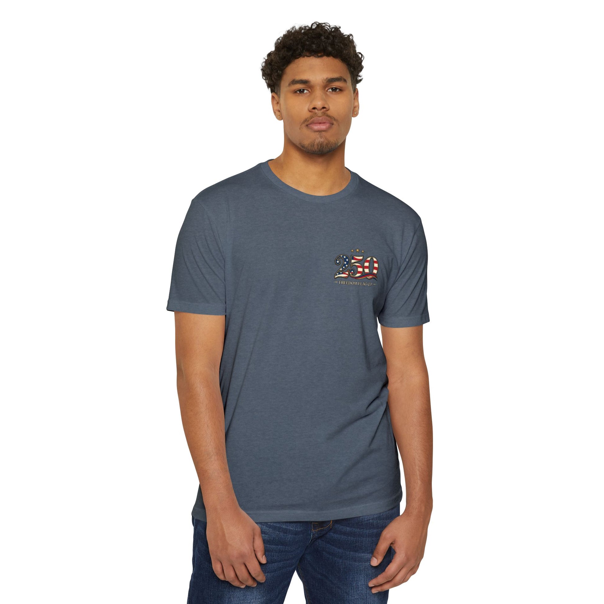 Man wearing a green t-shirt with a mountain logo on a white background