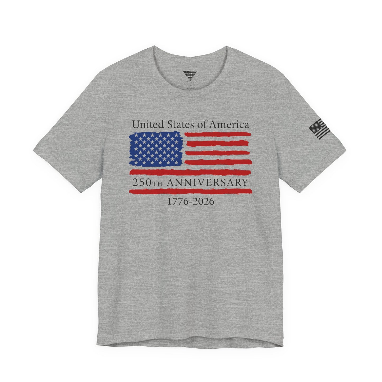 Gray t-shirt with American flag graphic and text on a white background