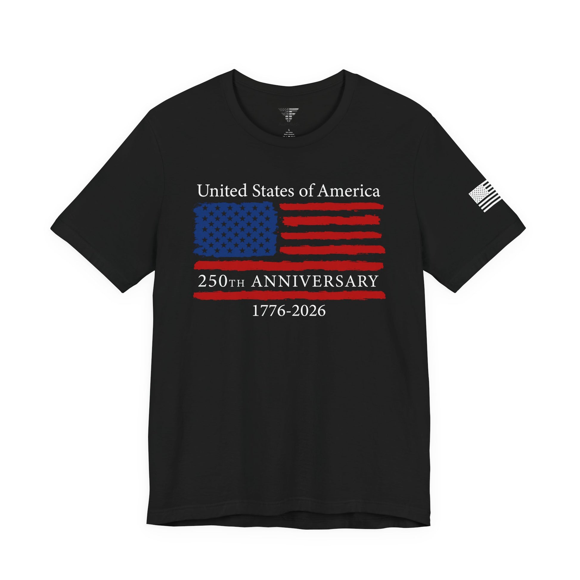 Black t-shirt with American flag design and text on a white background