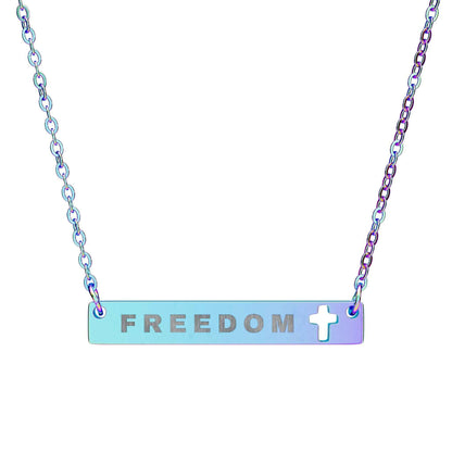 FREEDOM Bar Necklace with Cross Cutout – Minimalist Stainless Steel Christian Jewelry