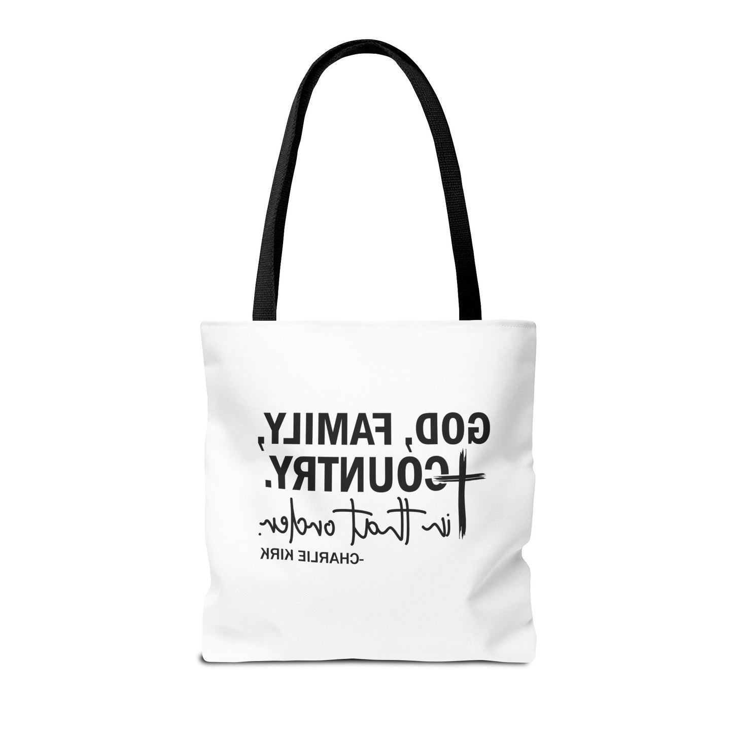 Charlie Kirk "God, Family, Country" Tote Bag – Patriotic Memorial Canvas Bag