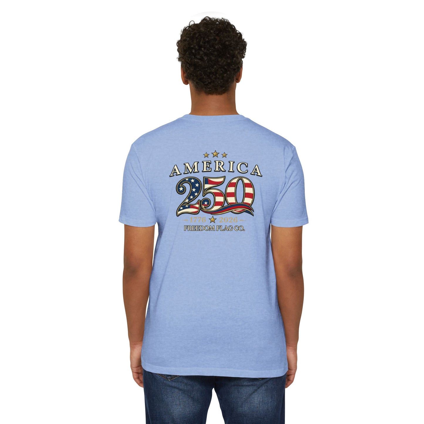 Person wearing a light blue t-shirt with 'America 250' design on the back, on a white background
