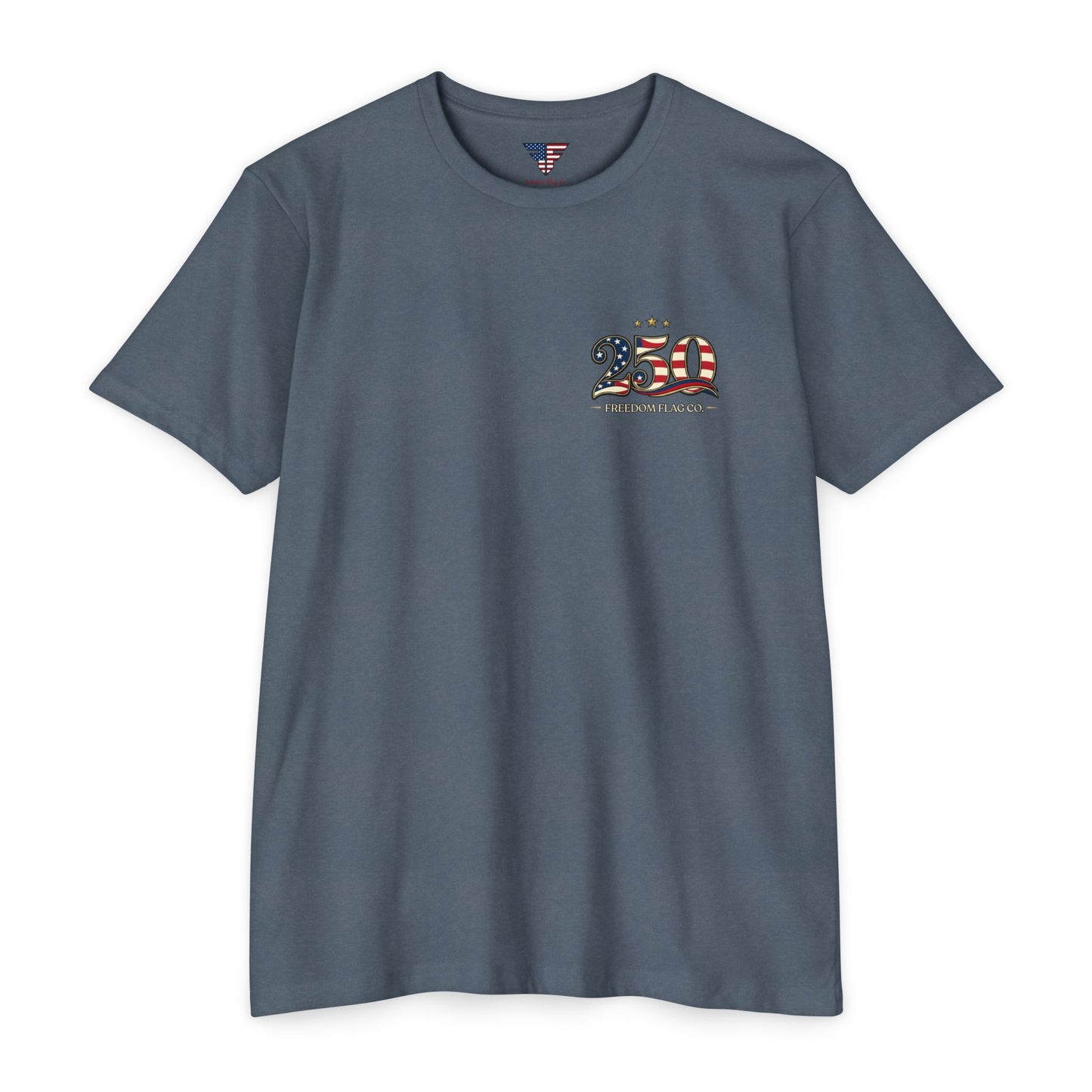 Blue t-shirt with a graphic design on a white background
