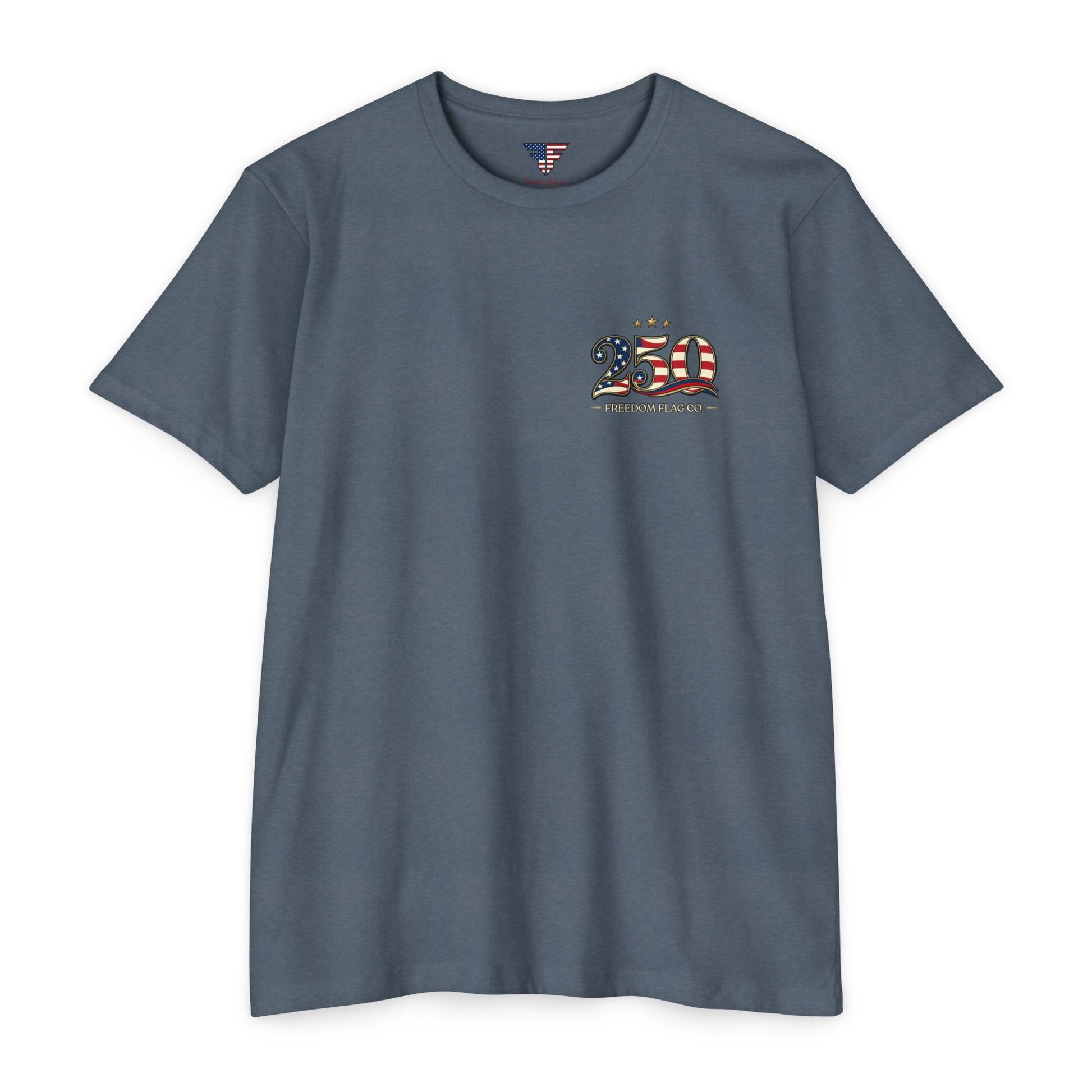 Blue t-shirt with a graphic design on a white background