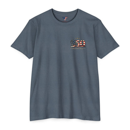 Blue t-shirt with a graphic design on a white background