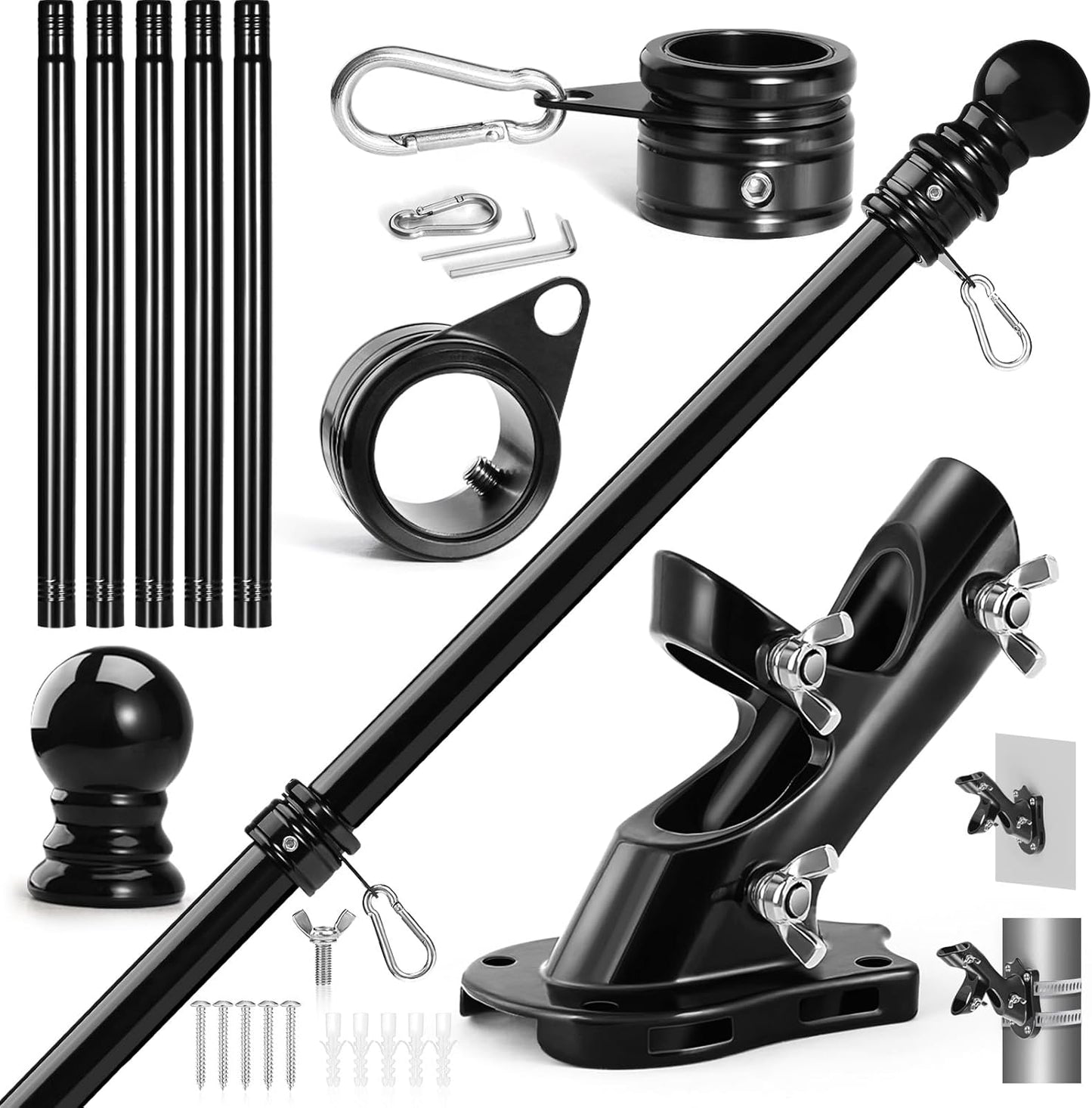 Black flagpole kit with various components on a white background