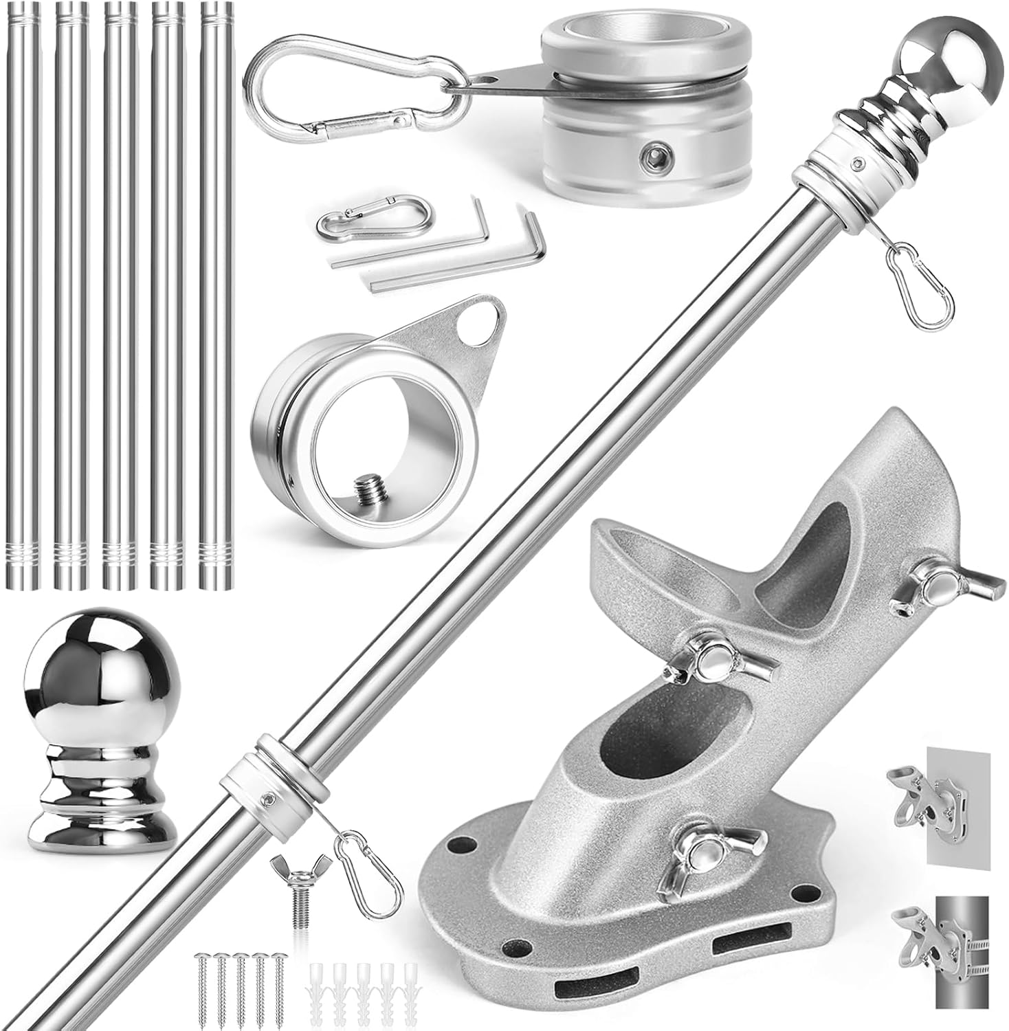 Collection of metal curtain rod parts on a white background