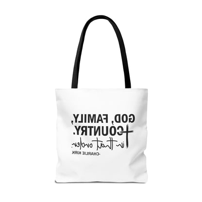 Charlie Kirk "God, Family, Country" Tote Bag – Patriotic Memorial Canvas Bag