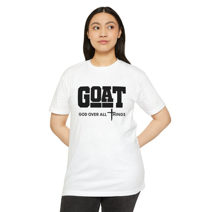 Person wearing a white t-shirt with 'GOAT God Over All Things' text on a white background