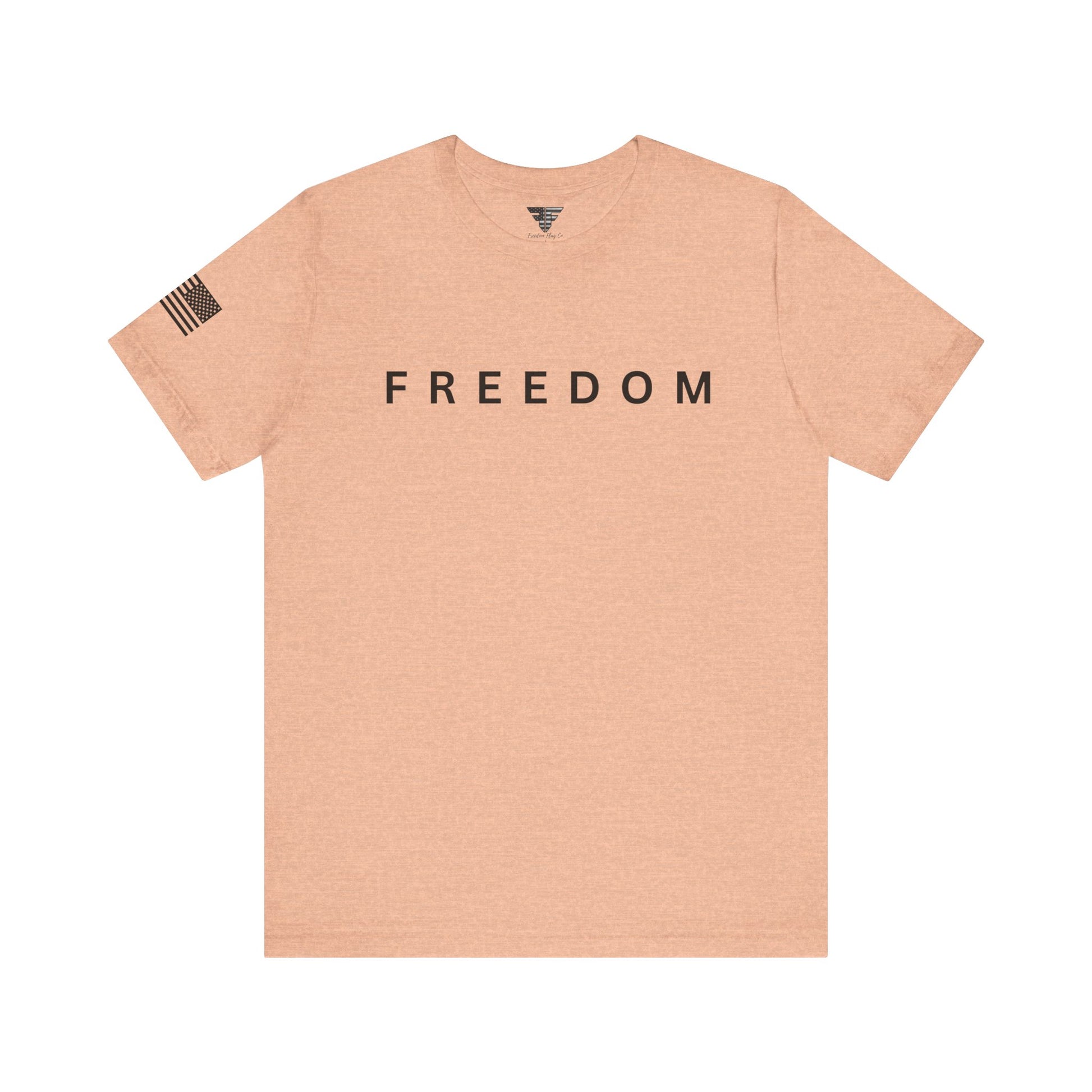Beige t-shirt with 'FREEDOM' text on a white background