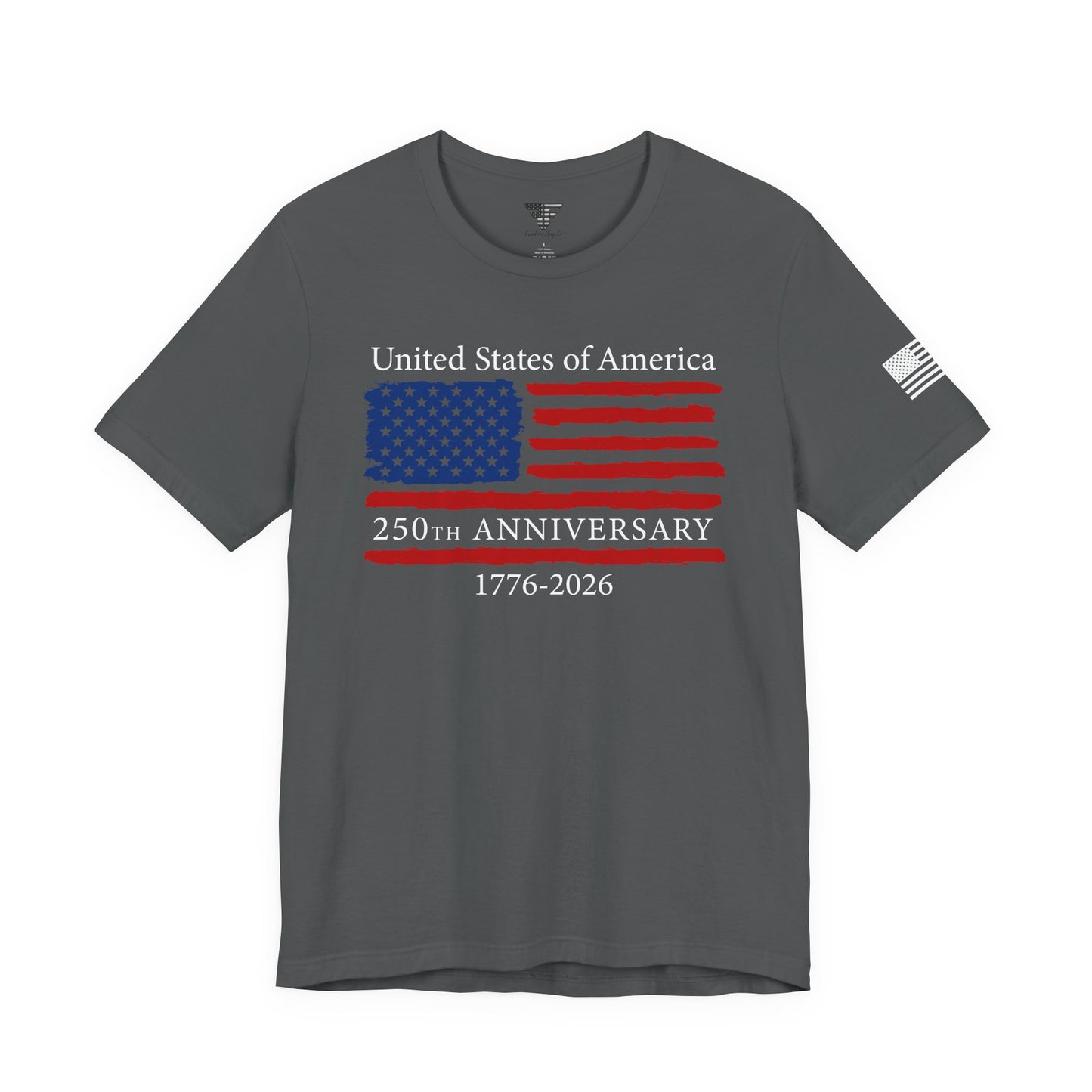 Gray t-shirt with American flag design and text on a white background