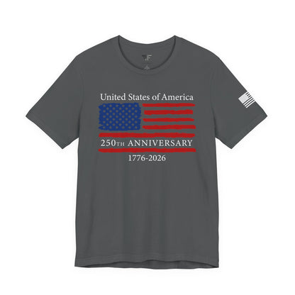 Gray t-shirt with American flag design and text on a white background