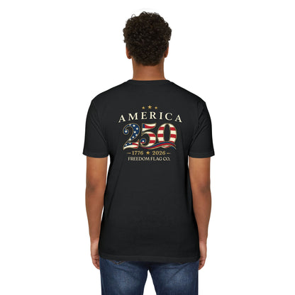 Person wearing a black t-shirt with 'America 250' design on the back, featuring an American flag.