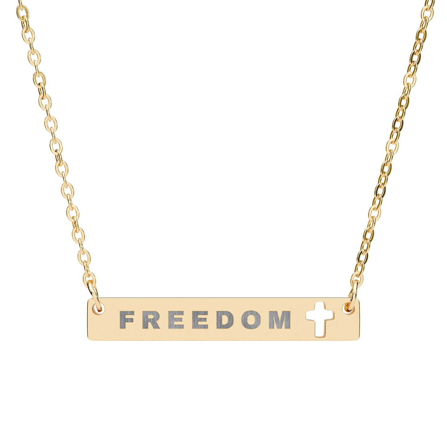 FREEDOM Bar Necklace with Cross Cutout – Minimalist Stainless Steel Christian Jewelry