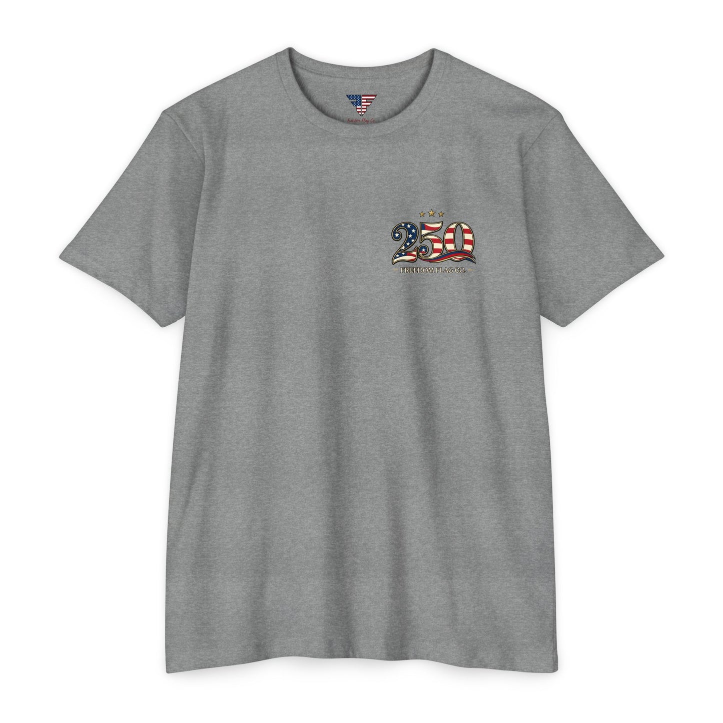 Gray t-shirt with a 250th anniversary design on a white background