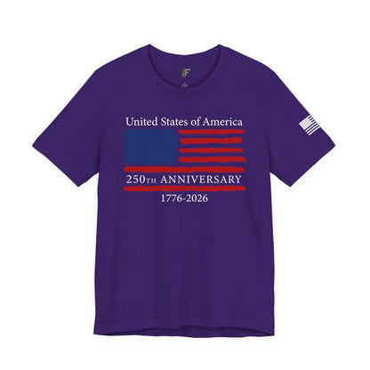 Purple t-shirt with American flag design and text on a white background