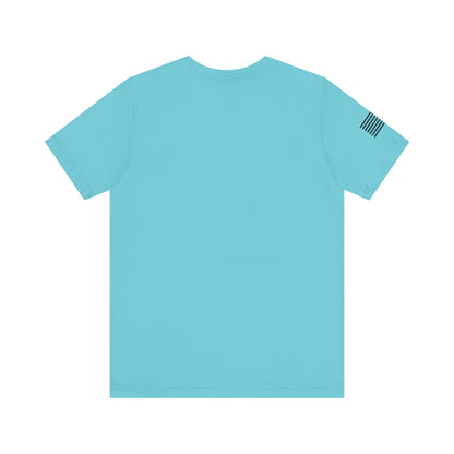 Light blue t-shirt with a small flag patch on the sleeve against a white background