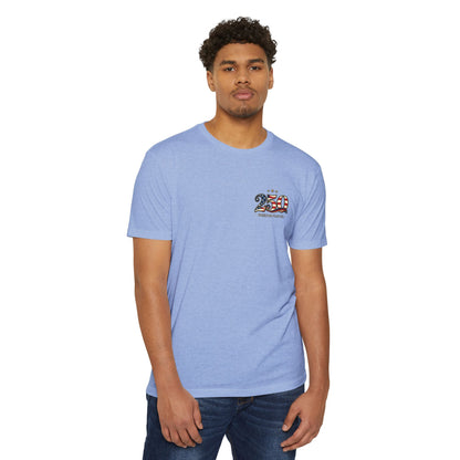 Man wearing a light blue t-shirt with a logo on a white background