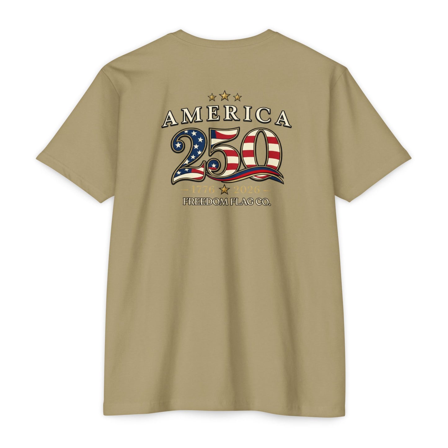 Beige t-shirt with 'America 250' design on the back, featuring an American flag.