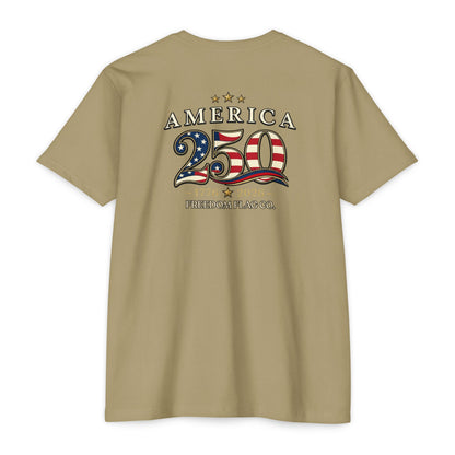 Beige t-shirt with 'America 250' design on the back, featuring an American flag.