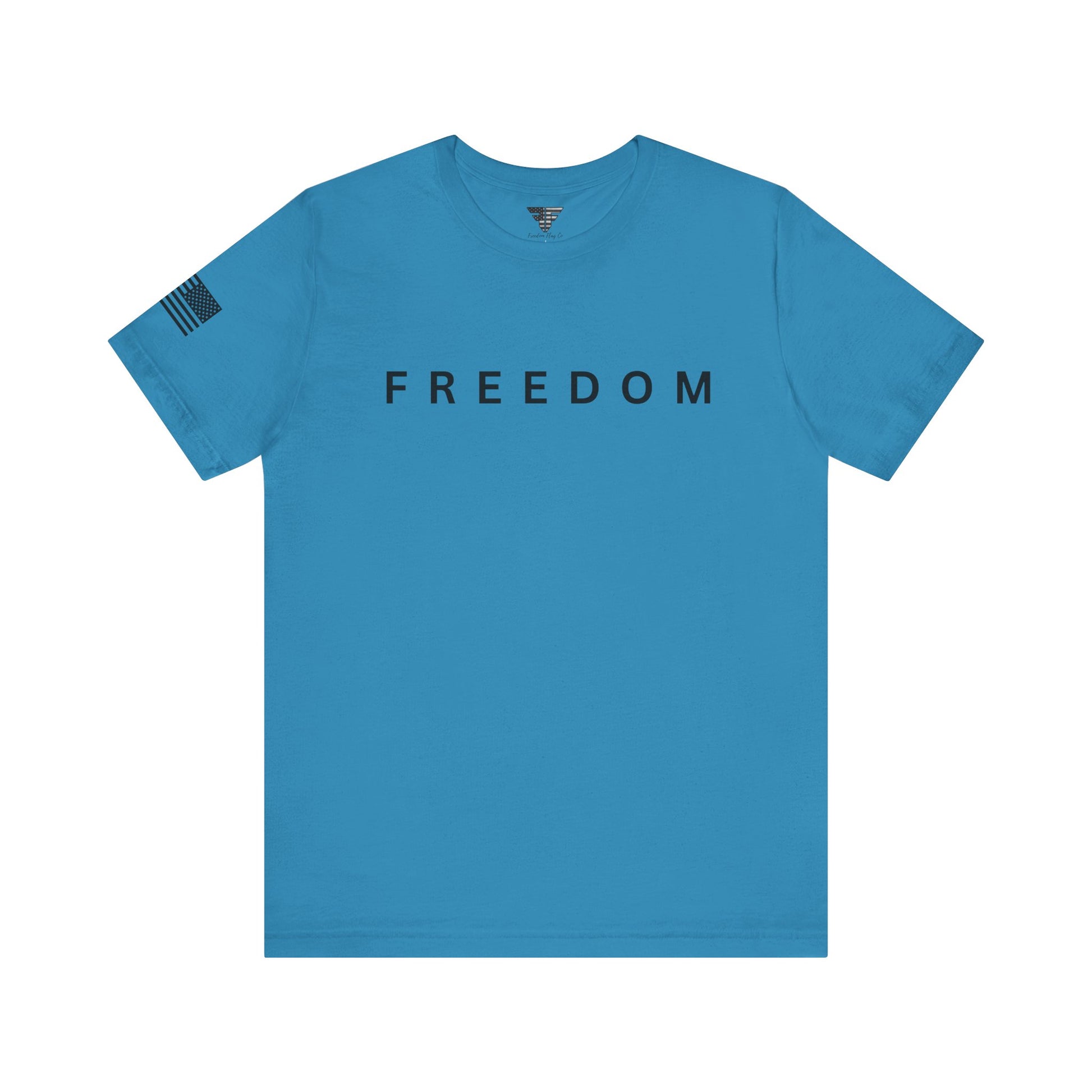 Blue t-shirt with 'FREEDOM' printed on it against a white background