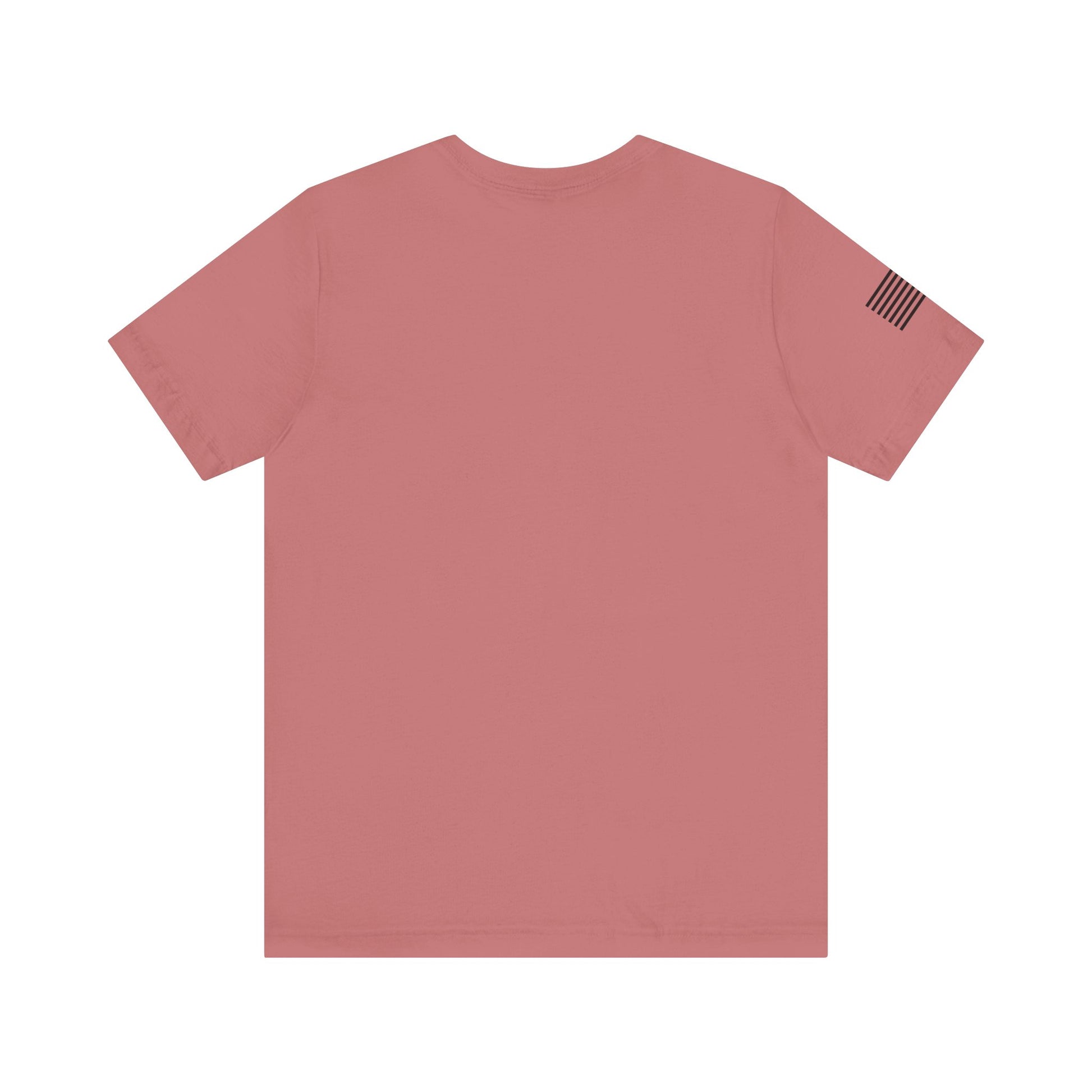 Pink t-shirt with a small flag patch on the sleeve against a white background