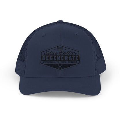 Blue Collar Degenerate Trucker Hat – Snapback Mesh Cap for Hardworking Americans