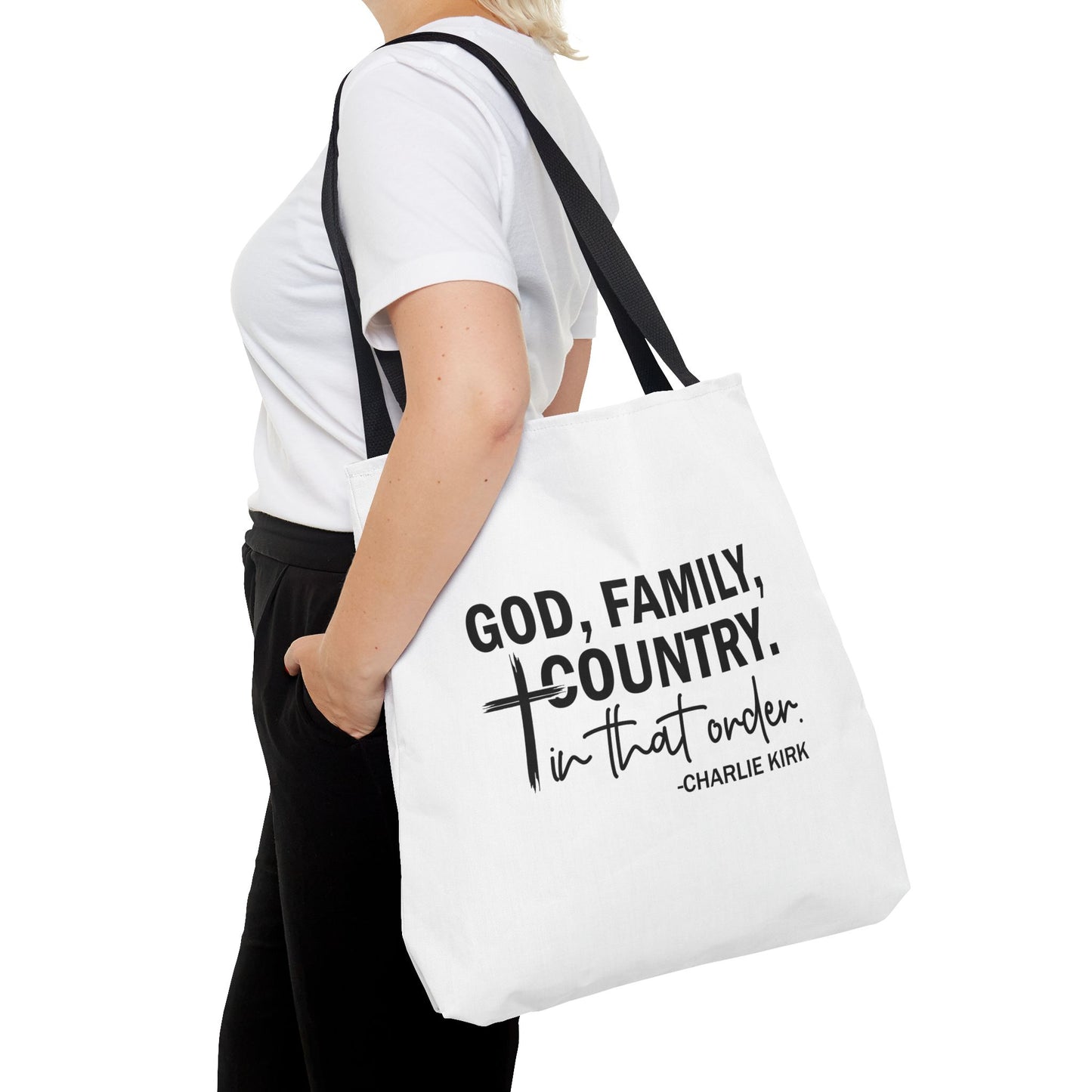 Charlie Kirk "God, Family, Country" Tote Bag – Patriotic Memorial Canvas Bag