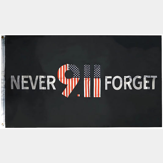 911 Flag with 'Never Forget' design, honoring the heroes and memories of September 11, crafted for patriotic remembrance.