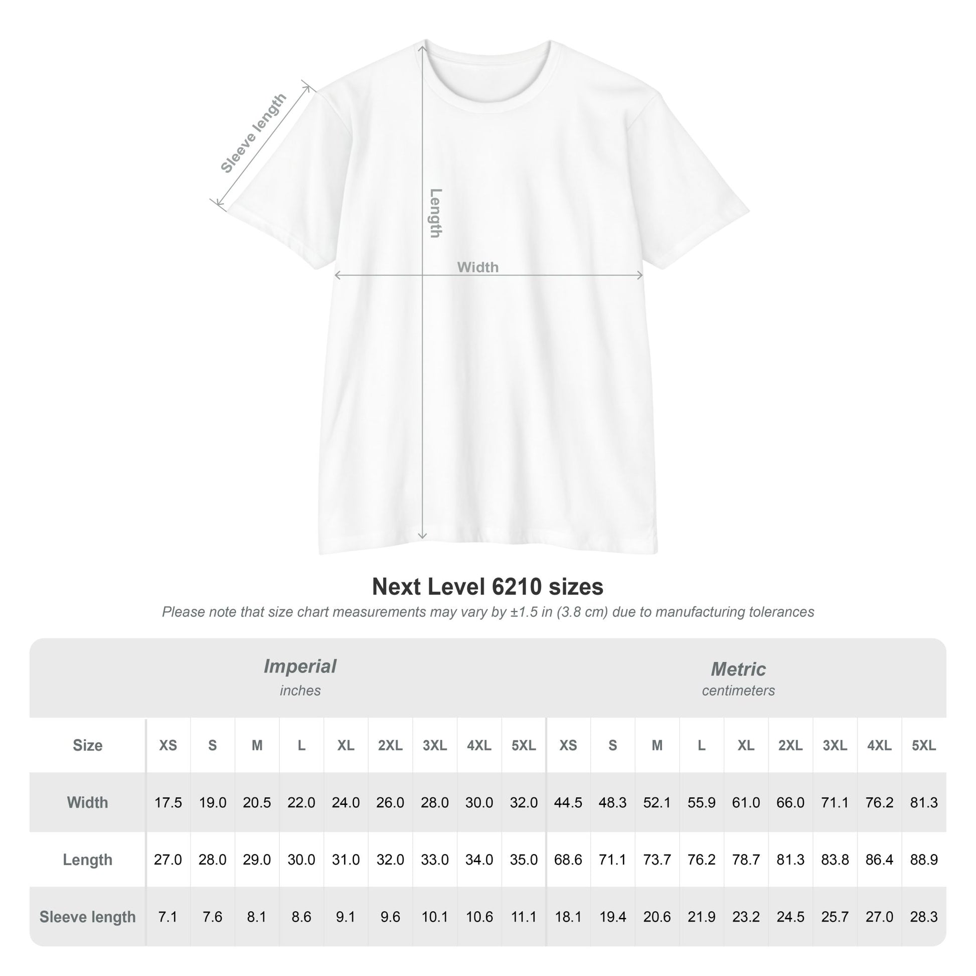 White t-shirt with measurement chart on a white background
