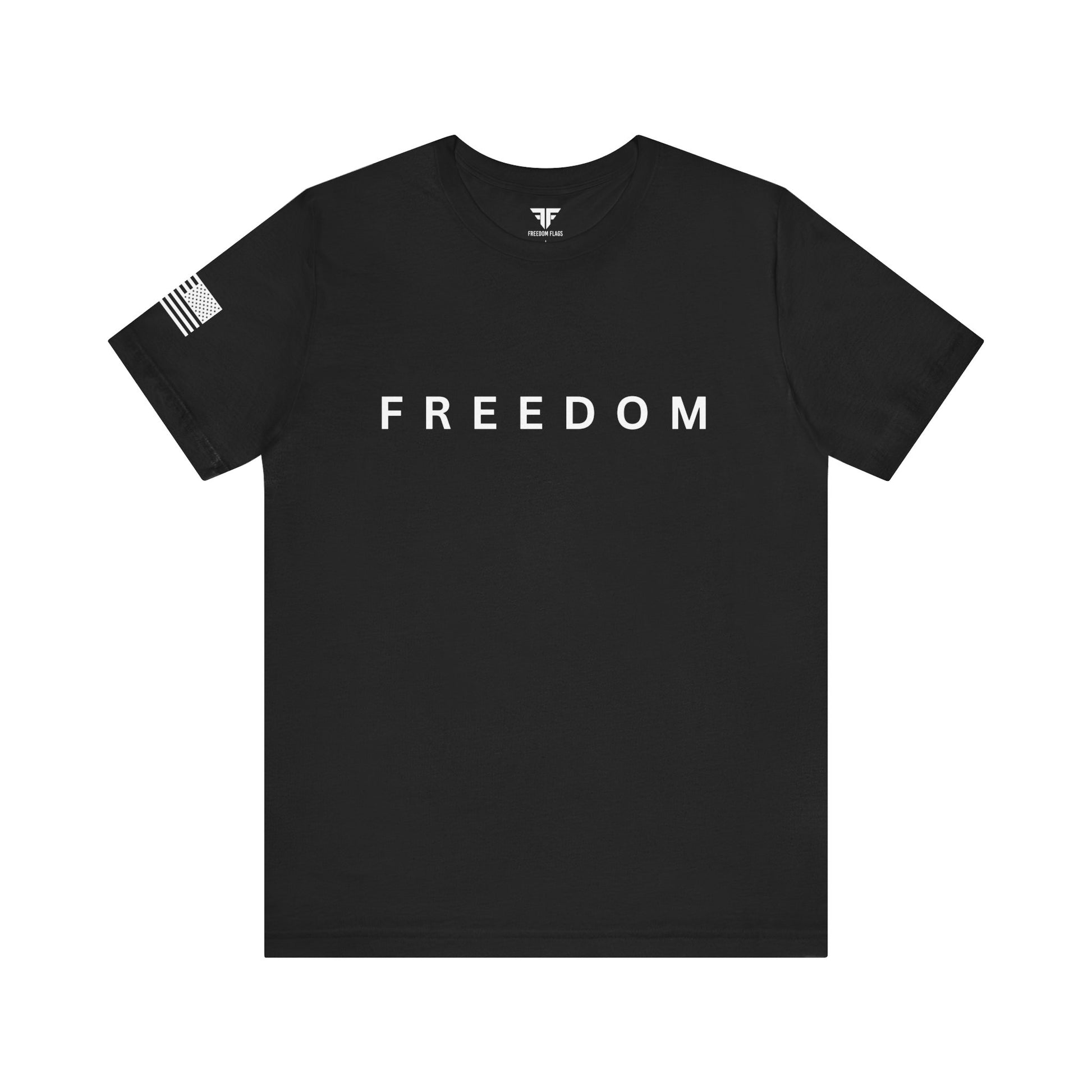 Black t-shirt with 'FREEDOM' printed on it against a white background