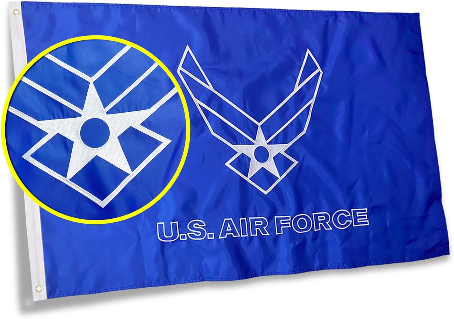 U.S. Air Force flag with emblem and text on a blue background