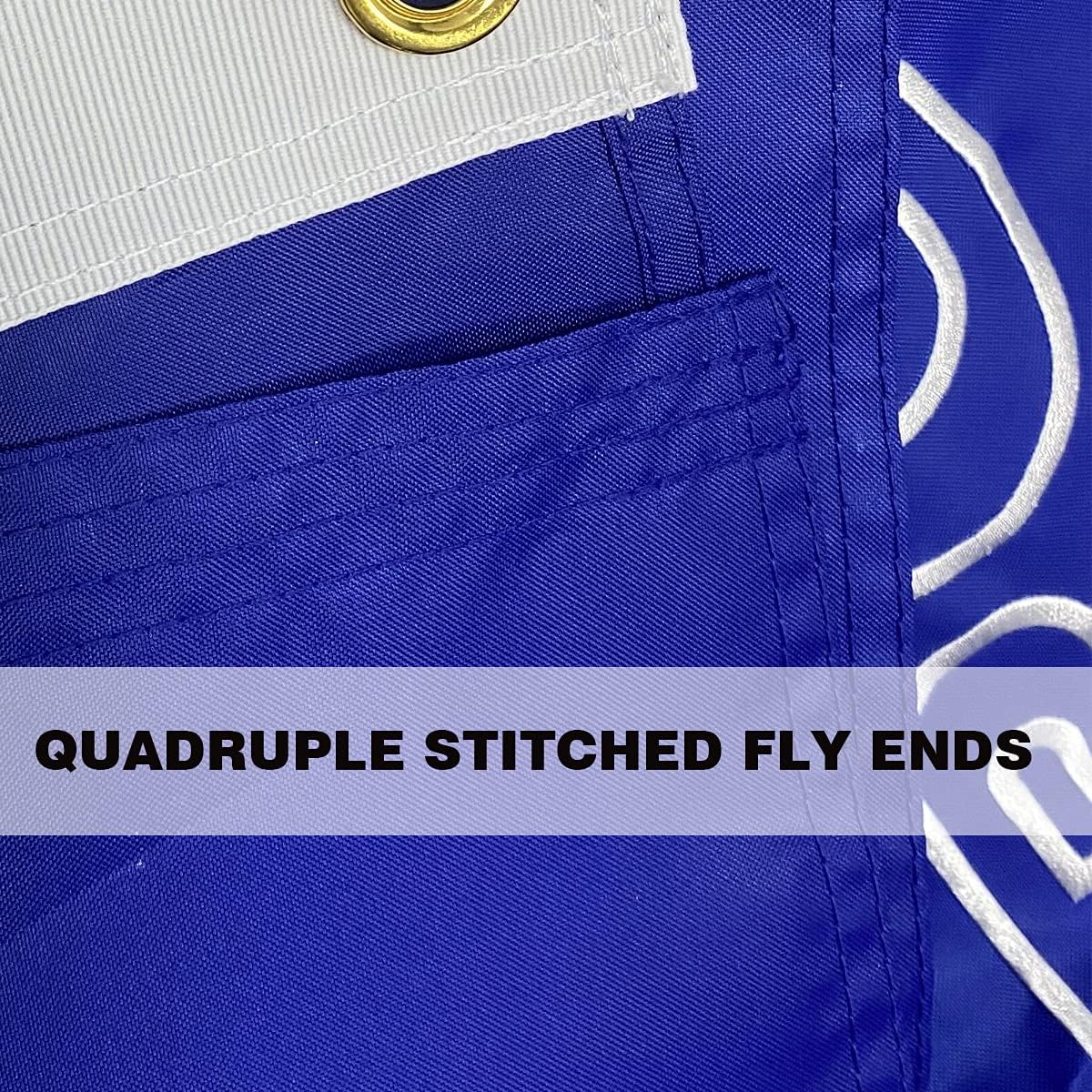 Close-up of blue fabric with white stitching and text 'Quadruple Stitched Fly Ends' on a white background.