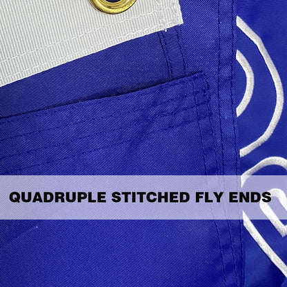 Close-up of blue fabric with white stitching and text 'Quadruple Stitched Fly Ends' on a white background.